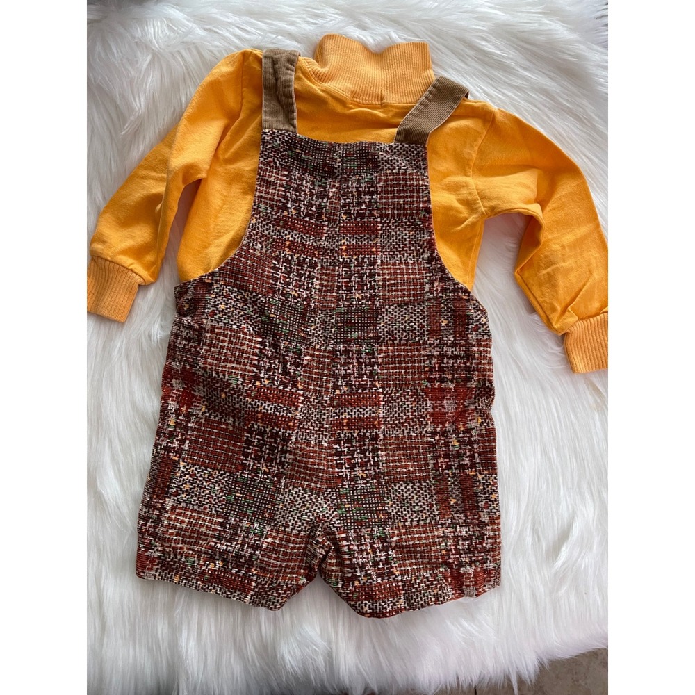 Vintage Health-Tex Girls Brown Corduroy Plaid Overall Jumper Yellow Shirt Sz 4T